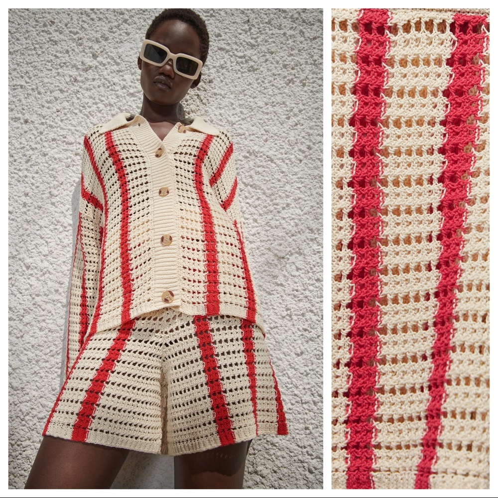 NWT. Zara Cream/Red Open Knit Striped High-Waist Shorts. Size L.